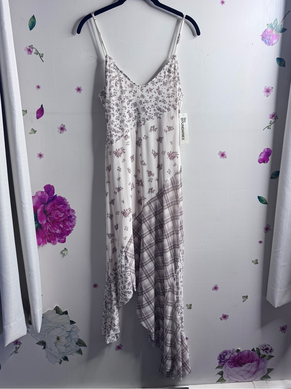 No Boundaries Cream and Mauve Floral Plaid Asymmetrical Slip Dress